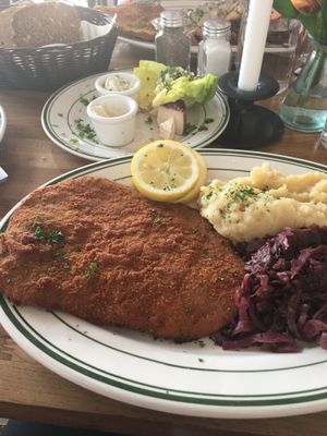 Vegan Wiener schnitzel. Red cabbage.  at Hinterhof in Los Angeles