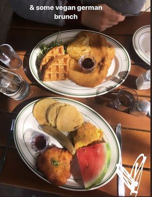 Waffles and schnitzel (top) and the American (bottom) at Hinterhof in Los Angeles