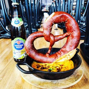 New!  German Soft Pretzel with hot beer cheese dip for take out! Also, bottled beer! 
Order on our website, postmates or by phone!  at Hinterhof in Los Angeles