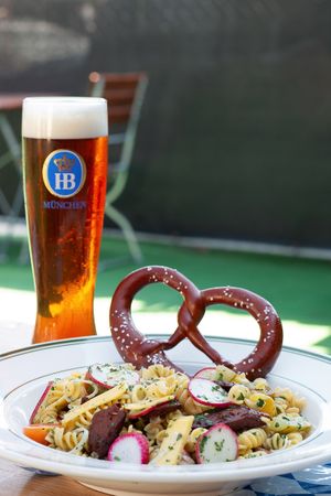 Wurstsalat at HINTERHOF’s Oktoberfest! Yum! And a Oktoberfest Beer imported from Germany ! at Hinterhof in Los Angeles