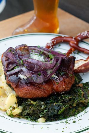 Vegan Steak for Oktoberfest at Hinterhof, comes with a pretzel and Oktoberfest beer! Unbelievably good!  at Hinterhof in Los Angeles