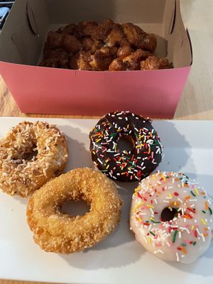 Apple fritter and 4 vegan donuts  at Dank Donuts in Big Bear Lake