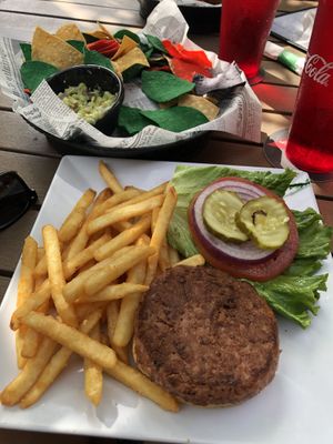 Impossible burger and guacamole with chips  at The Yucatan Beach Stand in Fort Myers Beach