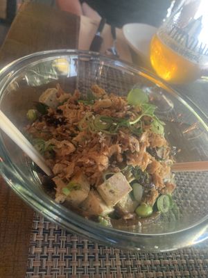 Tofu build your own bowl with black rice, avocado, edamame, shittake, crispy onions, herb mix and original sauce (a bit like soy sauce). Tasty!  at Local in Lisbon