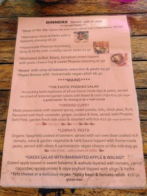 Dinner menu at The Phoenix Vegetarian Restaurant & Accommodation in Castlemaine
