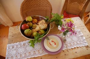 garden fresh parsnip soup drizzled with soya cream at The Phoenix Vegetarian Restaurant & Accommodation in Castlemaine