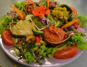 The exotic phoenix salad...a choice of our dips and vegan pates  served with bread and tortillas makes a wonderful sharing dish ...any time of the day at The Phoenix Vegetarian Restaurant & Accommodation in Castlemaine