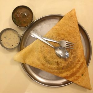Masala dosa with coconut chutney and sambar  at Kerala Cafe in Varanasi