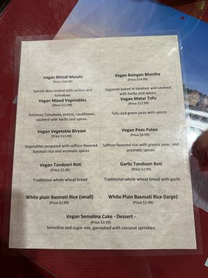 Vegan Menu  at India Taj Palace in San Antonio