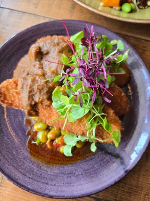 Katsu sweet potato with edename beans woth harrisa and soy dressing at The Rose & Crown Bistro in Northampton