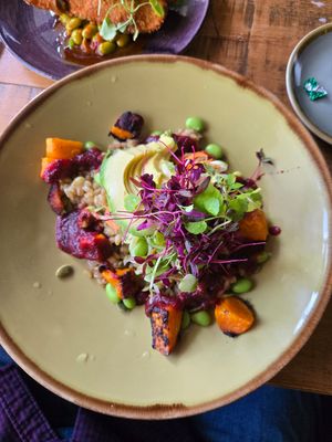 Vegan budha bowl with pearl barley at The Rose & Crown Bistro in Northampton