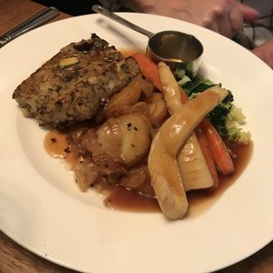 Chickpea roast with lyonnaise potatoes and gravy,  we asked for extra seasonal veg (fully vegan) at The Rose & Crown Bistro in Northampton