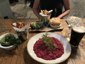 Beetroot & apple risotto, vegan falafel burger and chips and sweet potato fries  at The Rose & Crown Bistro in Northampton