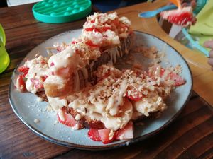 Banana, strawberry, almond butter toast at Healthy Louisa in Leicester