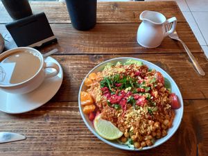 Macro bowl, peanut sauce and vegan bolognese at Healthy Louisa in Leicester