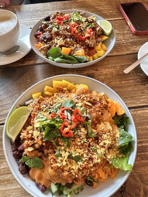 Mexican bowls one with chickn and Asian sauce, one with soya bolognaise and satay sauce  at Healthy Louisa in Leicester
