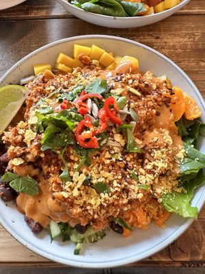 Fiesta bowl. Soya mince and satay sauce  at Healthy Louisa in Leicester