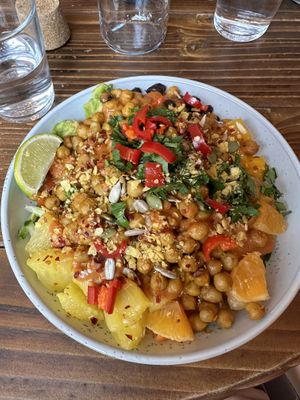 Tropicana Bowl with rice, chickpeas, and peanut sauce   at Healthy Louisa in Leicester