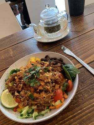 Fiesta Buddha bowl with rice and vegan chicken. Pot of cherry blossom green tea  at Healthy Louisa in Leicester