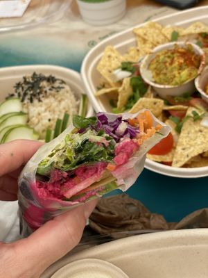 Summer rolls, nachos, beet poke  at Raised by the Waves  in Kahuku