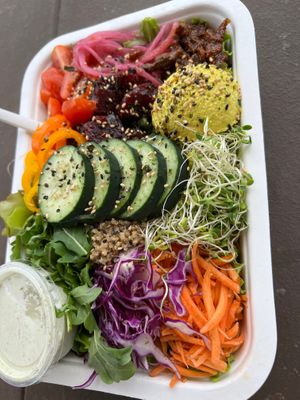 Aloha bowl with beet poke at Raised by the Waves  in Kahuku