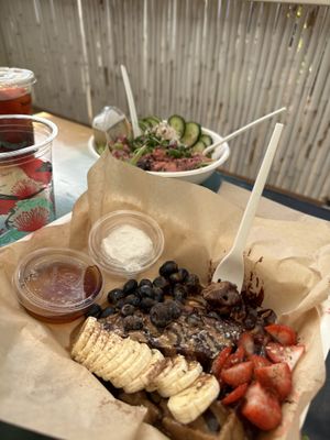 Waffles and poke bowl - both super delicious  at Raised by the Waves  in Kahuku