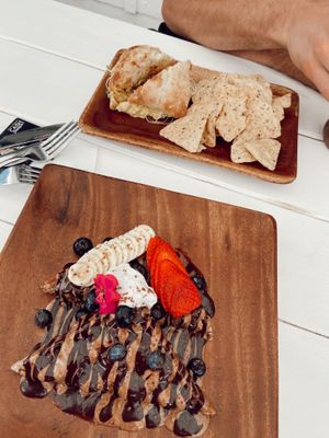 Waffles and tofu scramble Bahn Mi.  at Raised by the Waves  in Kahuku