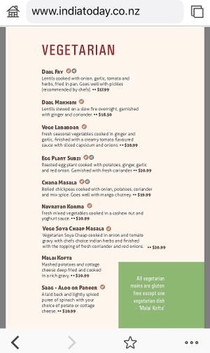 Clearly labeled gluten and dairy free options at India Today - aMoment in Tauranga