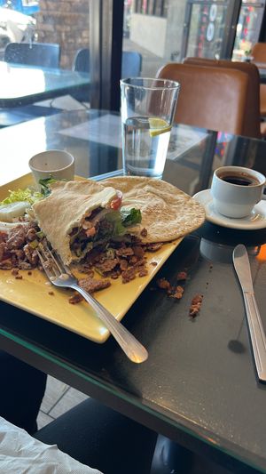 Vegan gyro with vegan meat was delicious! Friendly staff and owner. Many vegan options here just ne sure to say your vegan. Loves this place and the people here !!   at Fairouz in San Diego