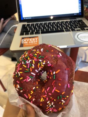 vegan raspberry donut is delicious!  at Blackbird Doughnuts in Cambridge