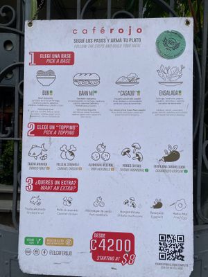 page one of the menu, posted at front gate at Café Rojo  in San Jose