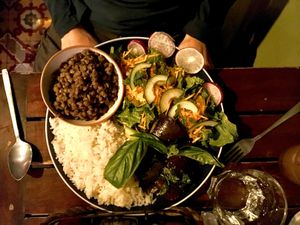 casado with eggplant at Café Rojo  in San Jose