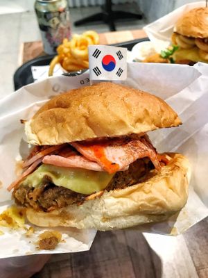 Spice Seoul burger. The vegan egg was out of stock so was given double bacon instead. at GrassfedVegan in South Brisbane