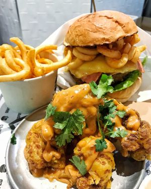 BFC burger, buffalo cauliflower & curly fries at GrassfedVegan in South Brisbane