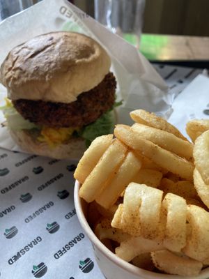 Chick’n burger & curly fries at GrassfedVegan in South Brisbane