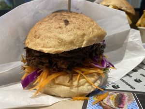Pull My Veef (sticky hickory bbq pulled vEEF, vCheese, slaw, coriander, chipotle aioli) at GrassfedVegan in South Brisbane