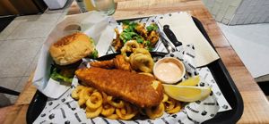 Chicken burger, seafood basket and cauliflower at GrassfedVegan in South Brisbane