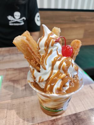 Incredible soft serve with churros and biscoff sauce! at GrassfedVegan in South Brisbane
