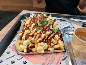 Latest special: mac n cheese curly fries with facon and BBQ sauce at GrassfedVegan in South Brisbane