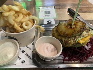 Bunless Aussie with curly fries   at GrassfedVegan in South Brisbane