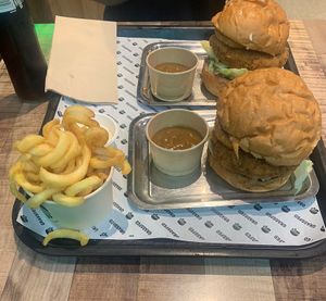 Katsu burger and curly fries  at GrassfedVegan in South Brisbane