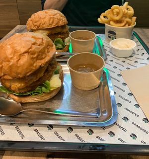 Katsu burger and curly fries   at GrassfedVegan in South Brisbane