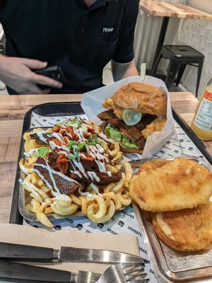 Bulgogi Loaded fries, Surf and Turf Burger, Potato Scollaps at GrassfedVegan in South Brisbane