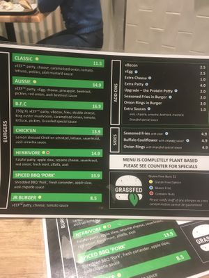 Menu at GrassfedVegan in South Brisbane