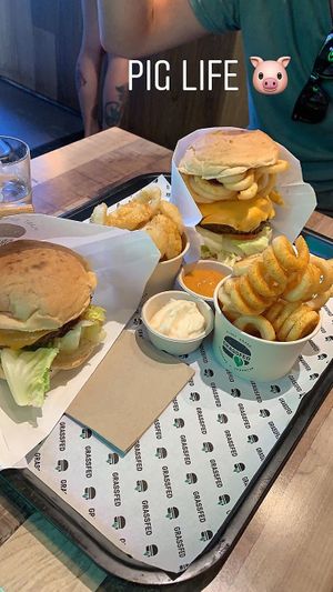 Burgers onion rings and fries at GrassfedVegan in South Brisbane