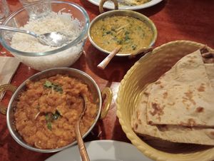 Baigan bharta (eggplant, tomato) and dal palak (lentil, spinach) at The Copper Pot in Westport