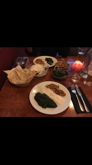 Mushroom spinach “paneer” and veg jalfrezi w/ naan and rice at The Copper Pot in Westport