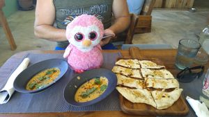 Red curry and Flatbread with garlic olive oil. Delicious. at Gecko Republic Jungle Cafe in Koh Tao