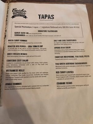 Tapas Menu Jan 2019 at Gecko Republic Jungle Cafe in Koh Tao