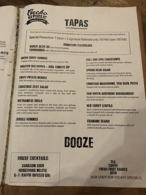 Tapas Menu, May 2019 (price increase) at Gecko Republic Jungle Cafe in Koh Tao